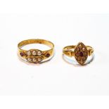 Victorian ruby and pearl ring in 18ct gold, Birmingham 1873, and another, similar, 15ct,