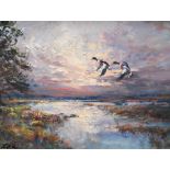 COX Shelduck over Long Water East Hills, Wells Signed, oil on board, 33cm x 43cm.