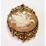 Victorian shell cameo brooch depicting Cupid breaking his bow upon an eagle,