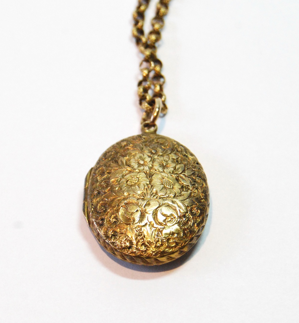 Victorian engraved gold oval locket, 22mm, with necklet, probably 15ct, 10g. - Image 2 of 2