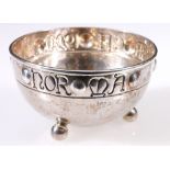 Silver hemispherical bowl with embossed inscription by A.E. Jones, Birmingham 1919, 10.8cm, 3½ oz.