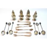 Four silver pepperettes, six coffee spoons and three sugar tongs, 4½oz.