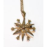 Victorian gold star brooch pendant with pearls, '9ct', with necklet, gross 8g.