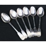 Set of six silver tablespoons, fiddle pattern, by H. Hinchsliffe, Dumfries c. 1830, erased.