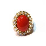 Pearl and coral oval cluster ring in gold, probably 18ct, 11.9g, size L.