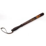 Victorian turned wooden truncheon for 'Kirkcudbright Constabulary', worn decoration, 42cm long.