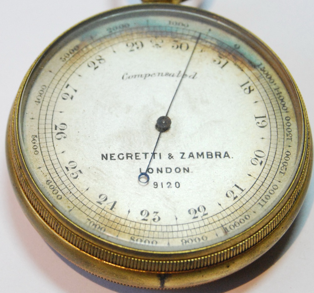 Pocket aneroid altimeter by Negretti & Zambra, no. 9120, gilt brass, in original carrying case. - Image 3 of 3