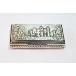 Silver 'castle top' snuff box with embossed view of Abbotsford, with engine-turned sides and base,