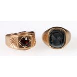 Two 9ct gold signet style rings, haematite and garnet.