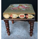 19th century mahogany tapestry-topped stuff-over stool of square form,