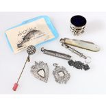 Two silver medallions, a similar fruit knife and scissors, 1895 ,and various items.