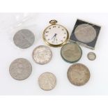 Rolled gold dress watch, crown, 1935, and seven silver and other coins.