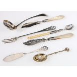 Silver George V sifter Edinburgh, 1819, a pair of butter knives with pearl handles, 1898,