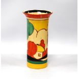Bizarre Fantasque vase by Clarice Cliff, no. 196, of cylindrical form with flared rim, 16cm high.