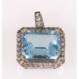 Pendant with rectangular aquamarine (uncertified) with diamond-set border and loop, white gold, 5.