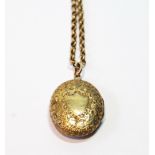 Victorian engraved gold oval locket, 22mm, with necklet, probably 15ct, 10g.