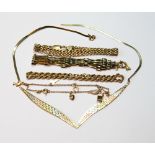 Four 9ct gold bracelets and a similar coloured gold necklet of chevron shape, 19g.