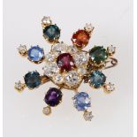 Victorian coloured sapphire starburst brooch with cluster surrounded by eight old-cut diamond