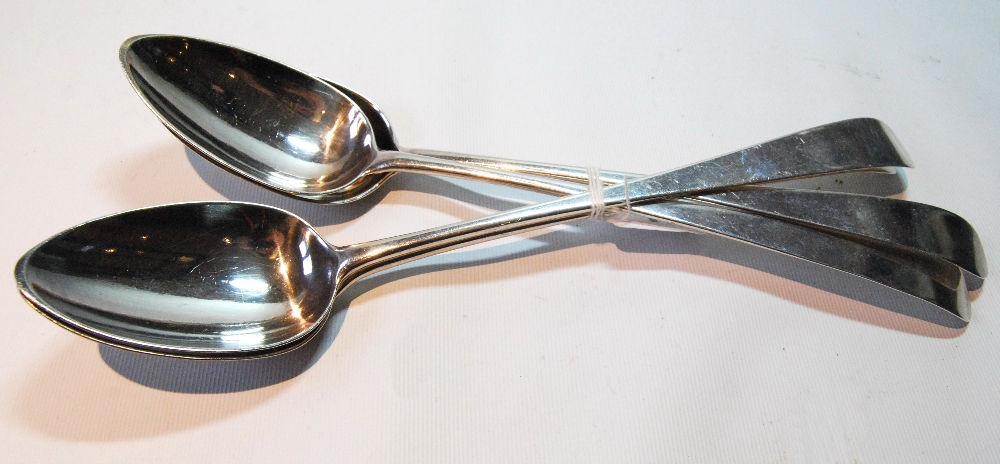 Set of four silver serving spoons, each inscribed 'Dad Mutrie', by J.
