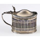 Silver oval mustard pot, pierced, straight sided, 1907.