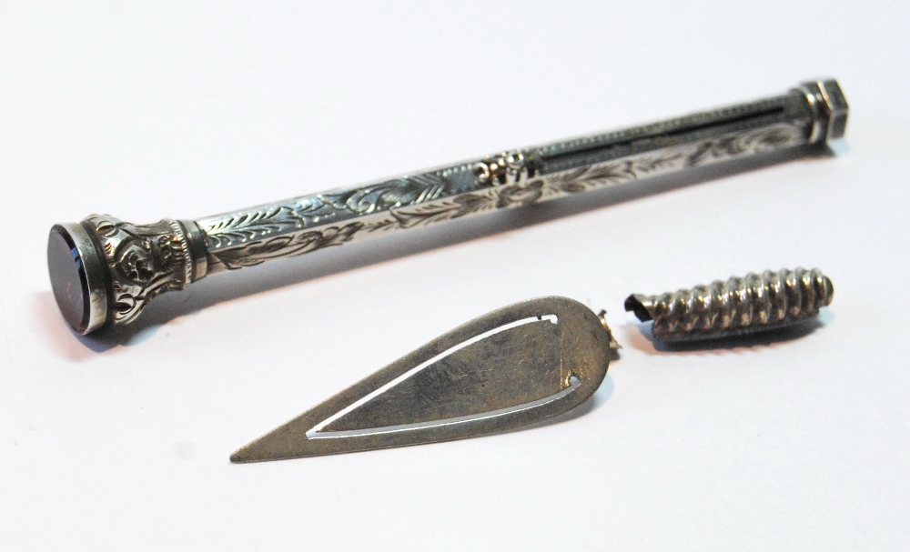 Victorian engraved silver pen/pencil and a trowel book mark (now in two parts), 1896.