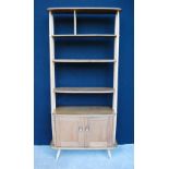 Ercol Golden Dawn beech and elm shelving unit. 90cm wide and 181cm high.