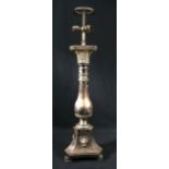 EP standing lamp for three bulbs on oxidised baluster stem and trefoil base with masks (electrical