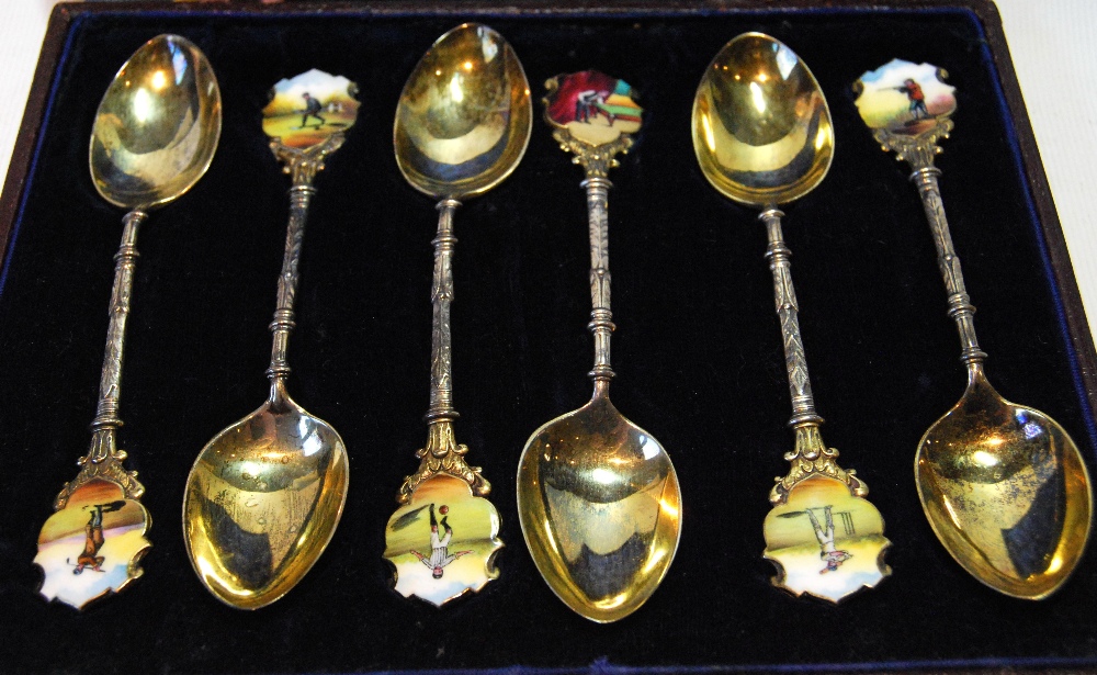 Set of six silver teaspoons with enamel terminals depicting golf, bowls, football, billiards, - Image 2 of 3