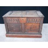 18th century coffer, the rectangular panelled top over fluted frieze with later panel,