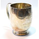 Silver plain mug of ovoid shape inscribed 'Eglinton Jug Curling Trophy...1937-8...