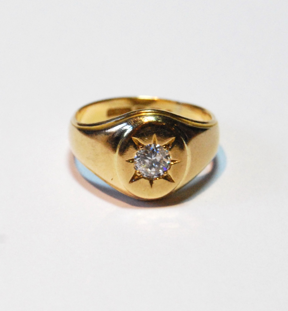18ct gold signet ring with star-set diamond brilliant, approximately .5ct, by Benson, c.