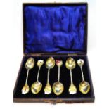 Set of six silver teaspoons with enamel terminals depicting golf, bowls, football, billiards,
