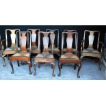 Set of eight George II style dining chairs each with stepped top rail, fiddle splat,