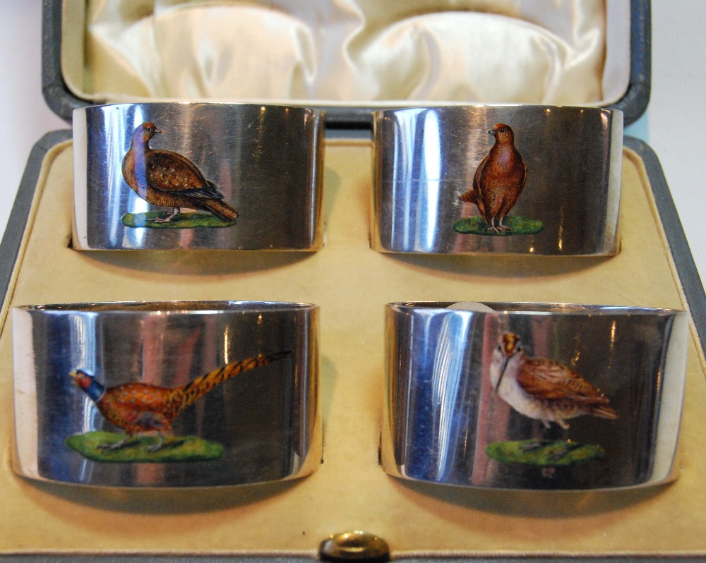 Set of four silver napkin rings, plain oval, each with an enamelled game bird, Chester 1923, - Image 2 of 3