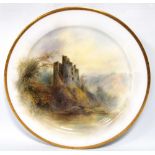 Royal Worcester cabinet plate painted by James Stinton with a view of a castle ruins, signed,