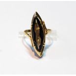 Ring with slender navette smoky quartz in 9ct gold, size M.