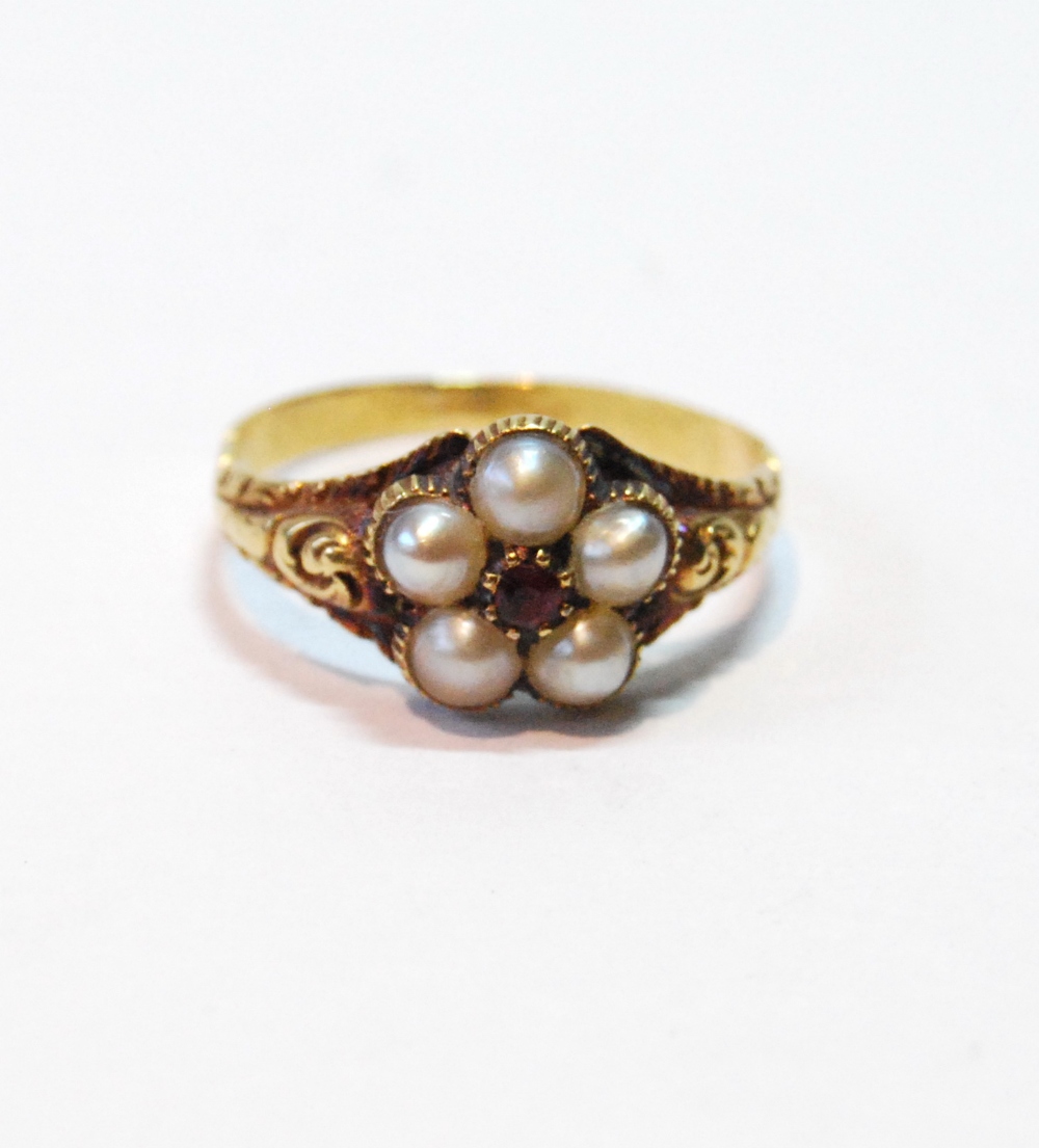 Victorian ring with five pearls and a small ruby in embossed gold with locket back, c. 1830, size P.