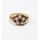 Victorian ring with five pearls and a small ruby in embossed gold with locket back, c. 1830, size P.