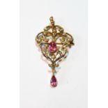 Edwardian gold brooch pendant with pearls and pink topaz, '9ct', gross 6.3g.