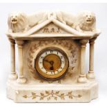 Marble mantel clock, the architectural pediment surmounted by two lions,