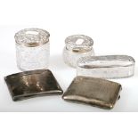 Two silver cigarette cases and three mounted glass toilet jars, 7½oz.