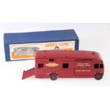 Dinky Toys 581 horsebox with maroon body, British Railways decal, grooved hubs,