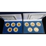 U.S.A. Two boxed sets of five gold plated quarter dollars. Statehood set.