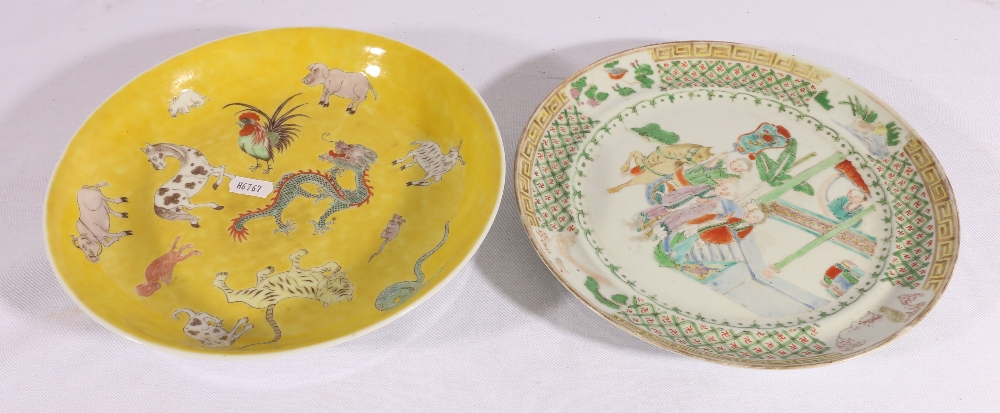 Chinese yellow ground dish decorated with zodiac animals around the central dragon,