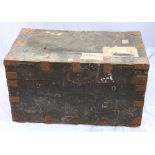 Metal bound trunk of rectangular form, 102cm wide 57cm high 58cm deep.