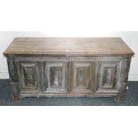 Antique oak hinge-topped coffer or kist, with four panel front, raised on bracket feet, 133cm.