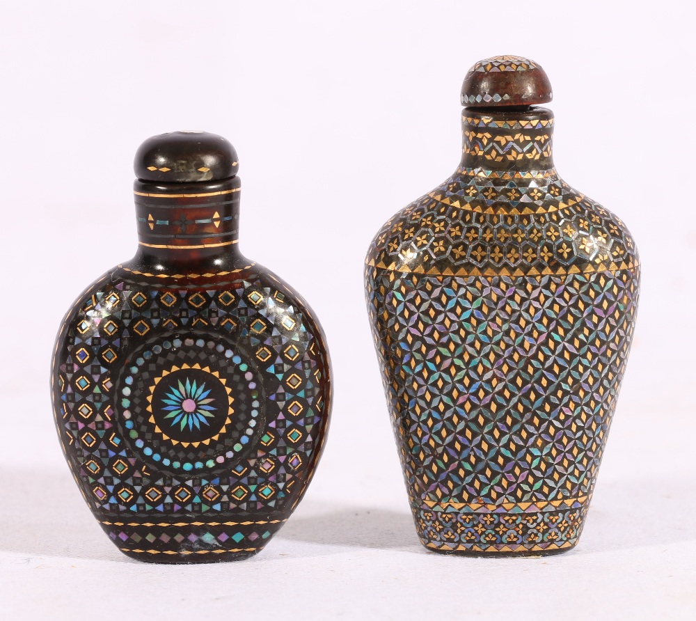 Two inlaid Chinese snuff bottles with geometric gilt and abalone decoration, c1980's, 6cm and 5.