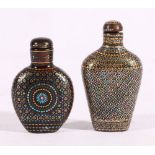 Two inlaid Chinese snuff bottles with geometric gilt and abalone decoration, c1980's, 6cm and 5.