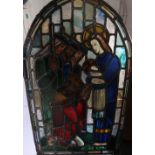 Leaded stained glass ecclesiastical arch top panel depicting Mary and Jesus, 870 x 47cm.