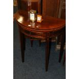 Victorian mahogany and boxwood inlaid demi-lune tea table with frieze drawer,